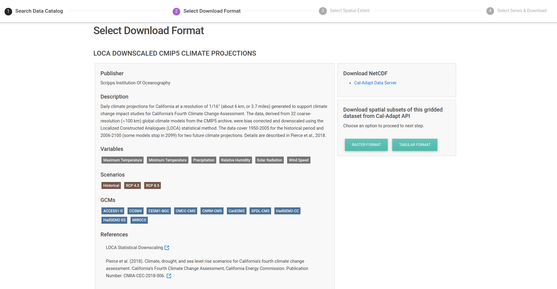 Screenshot of data download select format view